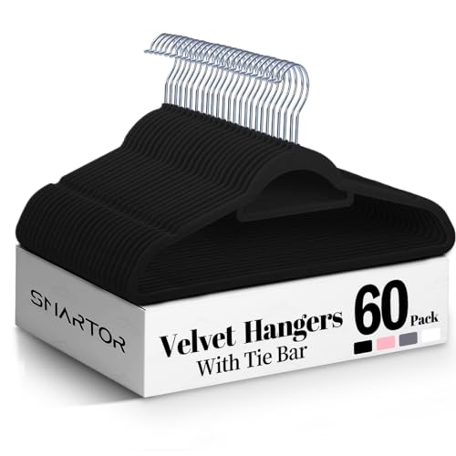 Smartor Black Velvet Hangers 60 Pack, Space Saving Clothes Hangers with Tie Bar, Non-Slip Felt Hangers with Shoulder Notches, Heavy Duty Suit Hanger for Coat, Shirt, Pants, Dress