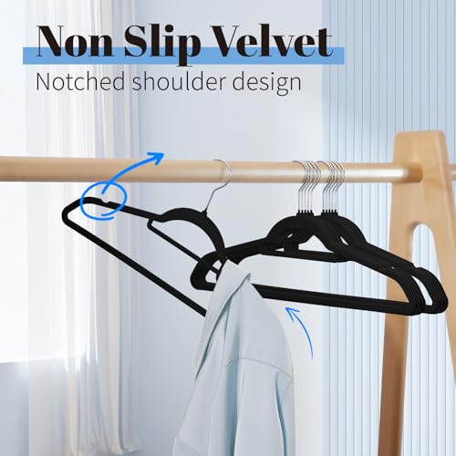 Smartor Black Velvet Hangers 60 Pack, Space Saving Clothes Hangers with Tie Bar, Non-Slip Felt Hangers with Shoulder Notches, Heavy Duty Suit Hanger for Coat, Shirt, Pants, Dress