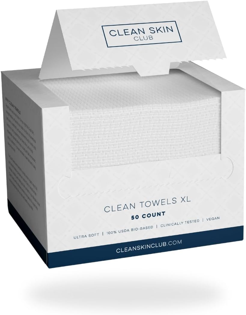 Clean Skin Club Clean Towels XL, 100% USDA Biobased Face Towel, Disposable Face Towelette, Makeup Remover Dry Wipes, Ultra Soft, 50 Ct, 1 Pack