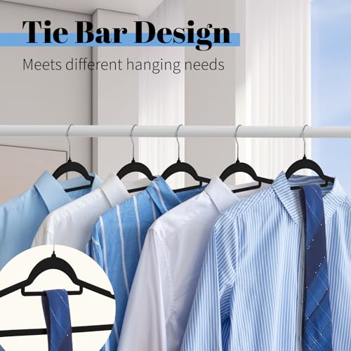 Smartor Black Velvet Hangers 60 Pack, Space Saving Clothes Hangers with Tie Bar, Non-Slip Felt Hangers with Shoulder Notches, Heavy Duty Suit Hanger for Coat, Shirt, Pants, Dress