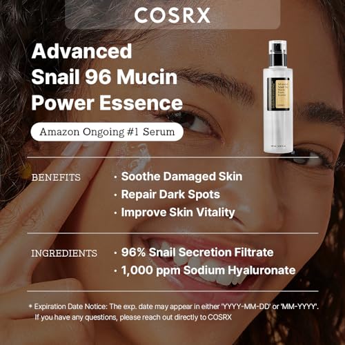 COSRX Snail Mucin 96% Power Repairing Essence 3.38 fl.oz 100ml, Hydrating Serum for Face with Snail Secretion Filtrate for Dull Skin & Fine Lines, Korean Skincare