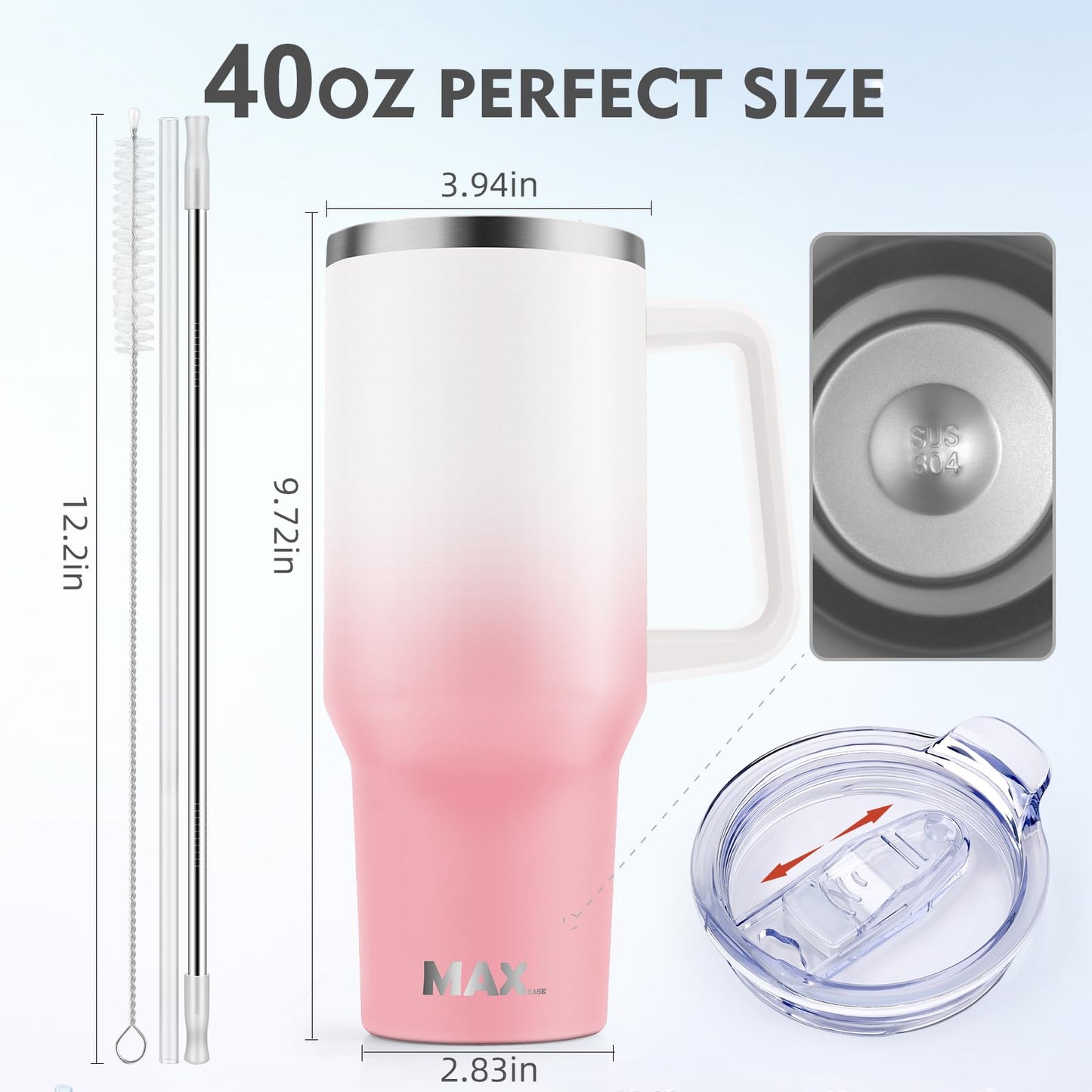 40 oz Tumbler with Handle and Straw Lid, Insulated Reusable Stainless Steel Travel Mug Keeps Drinks Cold up to 34 Hours, 100% Leakproof Bottle for Water, Iced Tea or Coffee, Smoothie and More