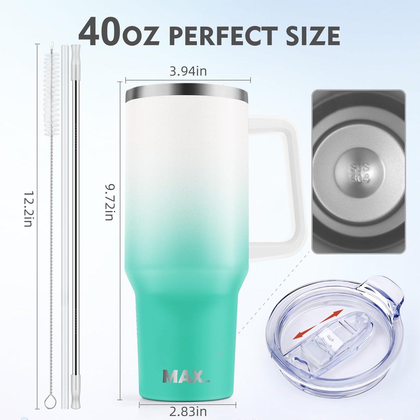 40 oz Tumbler with Handle and Straw Lid, Insulated Reusable Stainless Steel Travel Mug Keeps Drinks Cold up to 34 Hours, 100% Leakproof Bottle for Water, Iced Tea or Coffee, Smoothie and More