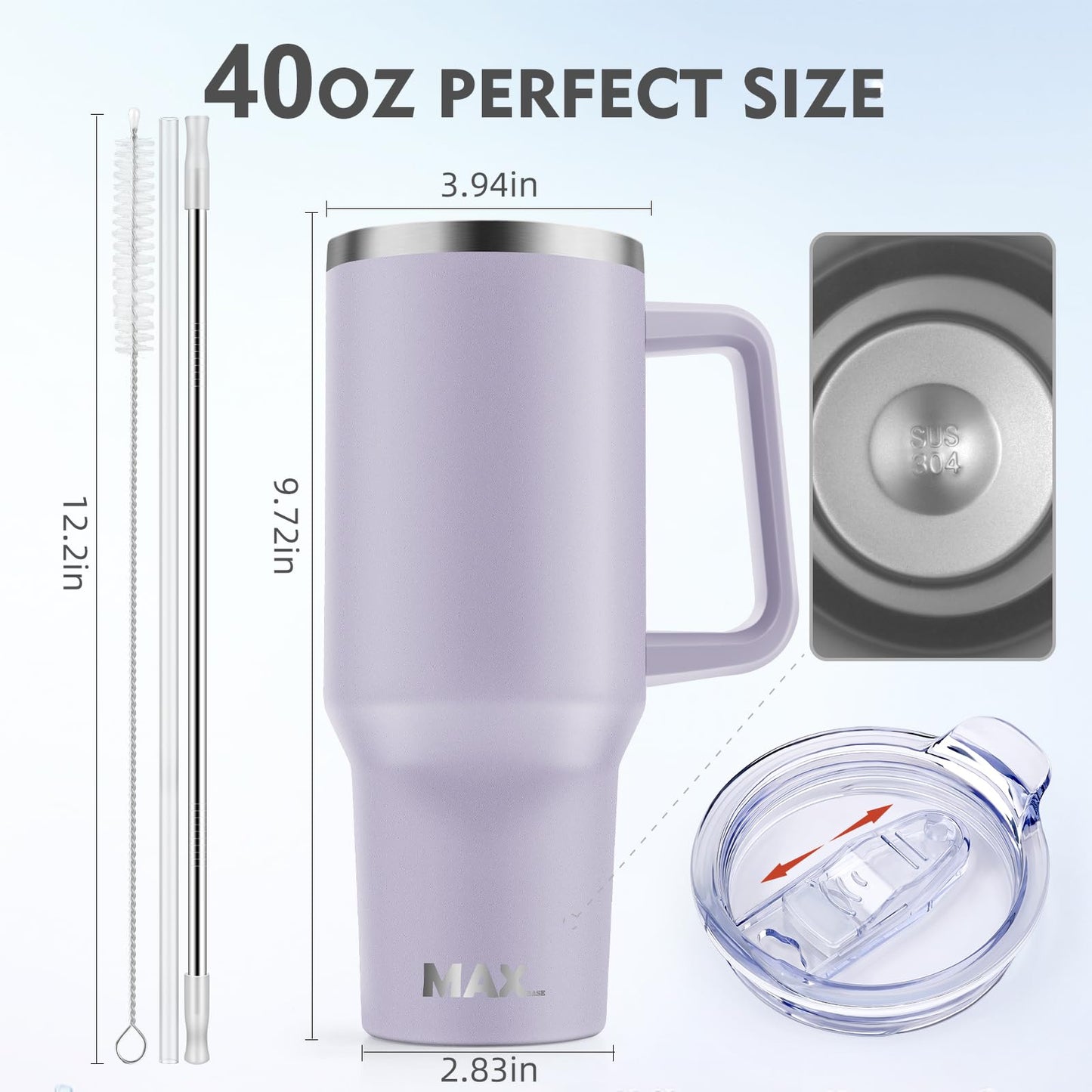 40 oz Tumbler with Handle and Straw Lid, Insulated Reusable Stainless Steel Travel Mug Keeps Drinks Cold up to 34 Hours, 100% Leakproof Bottle for Water, Iced Tea or Coffee, Smoothie and More