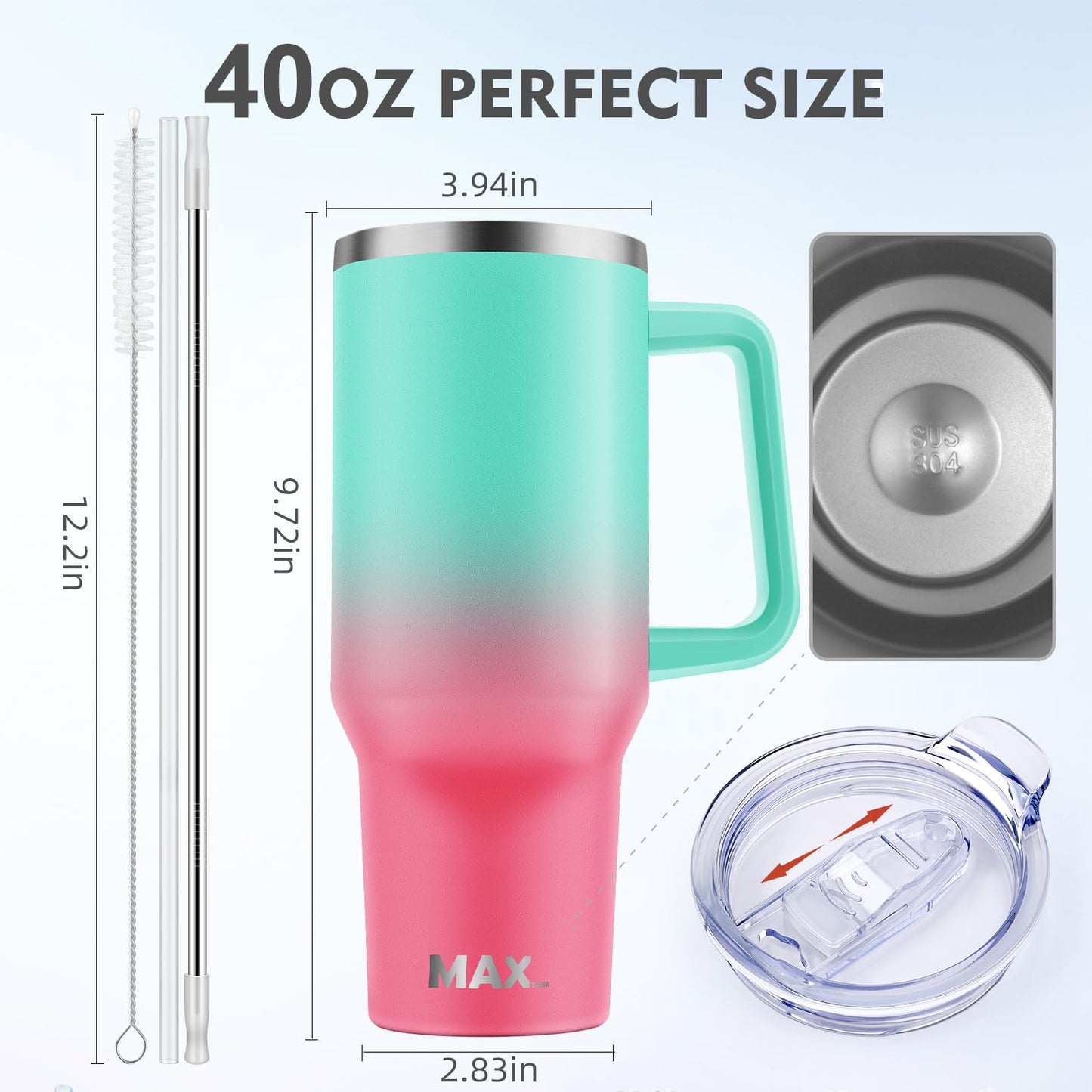 40 oz Tumbler with Handle and Straw Lid, Insulated Reusable Stainless Steel Travel Mug Keeps Drinks Cold up to 34 Hours, 100% Leakproof Bottle for Water, Iced Tea or Coffee, Smoothie and More