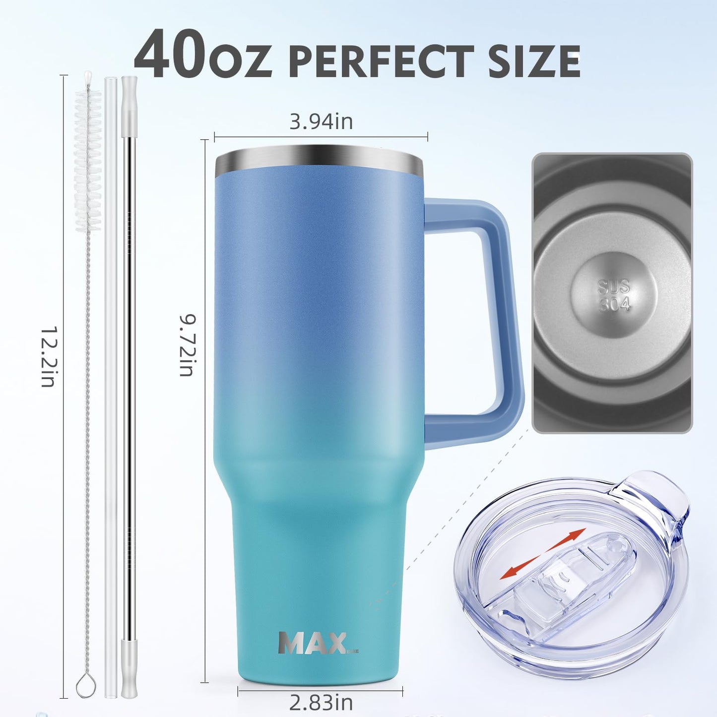 40 oz Tumbler with Handle and Straw Lid, Insulated Reusable Stainless Steel Travel Mug Keeps Drinks Cold up to 34 Hours, 100% Leakproof Bottle for Water, Iced Tea or Coffee, Smoothie and More