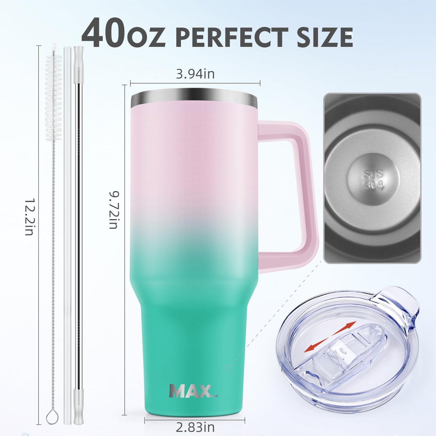 40 oz Tumbler with Handle and Straw Lid, Insulated Reusable Stainless Steel Travel Mug Keeps Drinks Cold up to 34 Hours, 100% Leakproof Bottle for Water, Iced Tea or Coffee, Smoothie and More