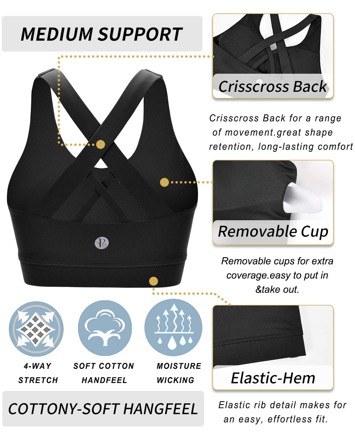 RUNNING GIRL Sports Bra for Women, Criss-Cross Back Padded Strappy Sports Bras Medium Support Yoga Bra with Removable Cups