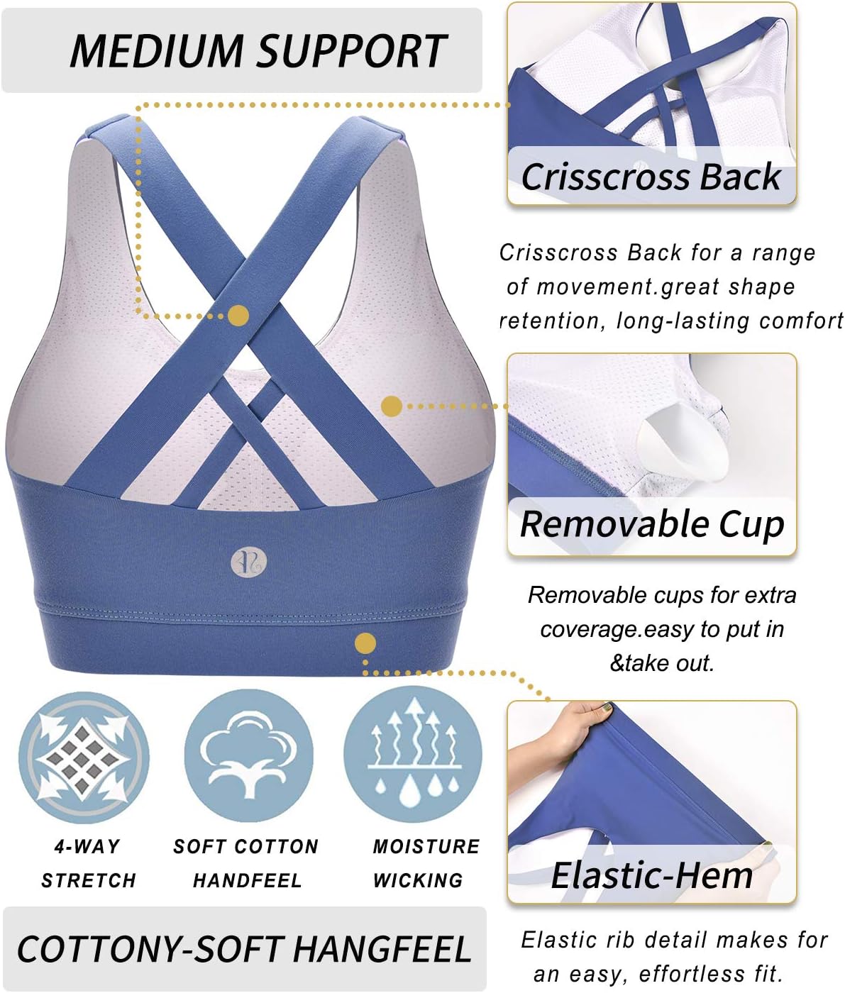 RUNNING GIRL Sports Bra for Women, Criss-Cross Back Padded Strappy Sports Bras Medium Support Yoga Bra with Removable Cups