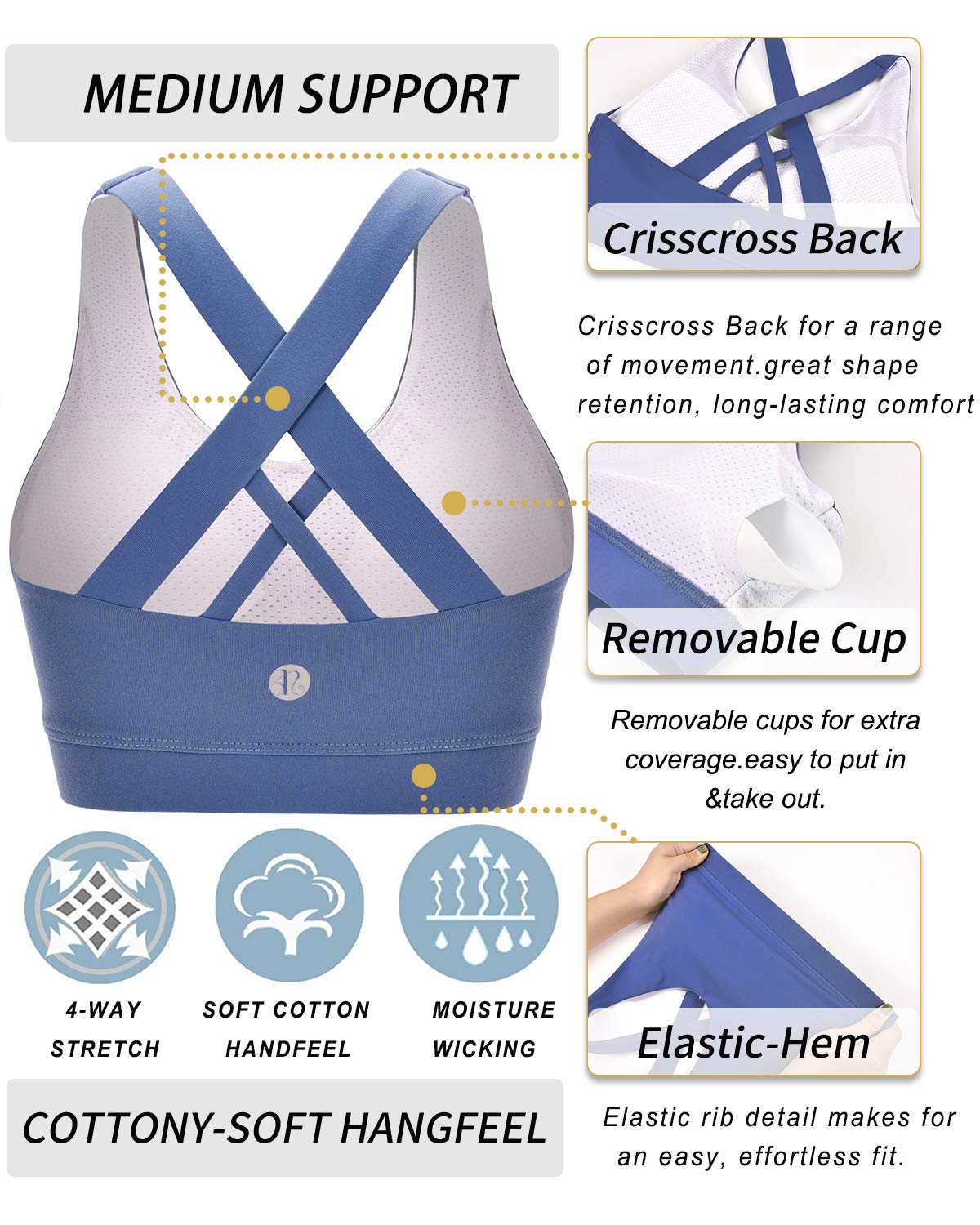 RUNNING GIRL Sports Bra for Women, Criss-Cross Back Padded Strappy Sports Bras Medium Support Yoga Bra with Removable Cups