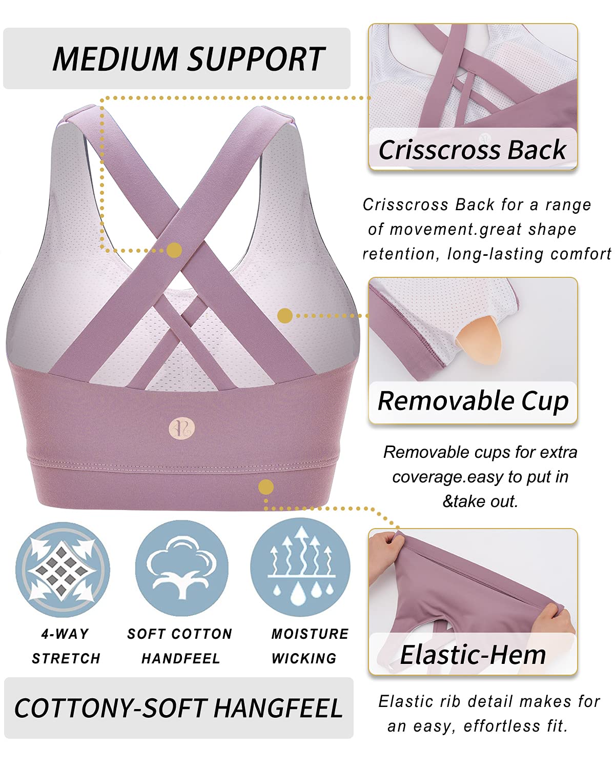 RUNNING GIRL Sports Bra for Women, Criss-Cross Back Padded Strappy Sports Bras Medium Support Yoga Bra with Removable Cups