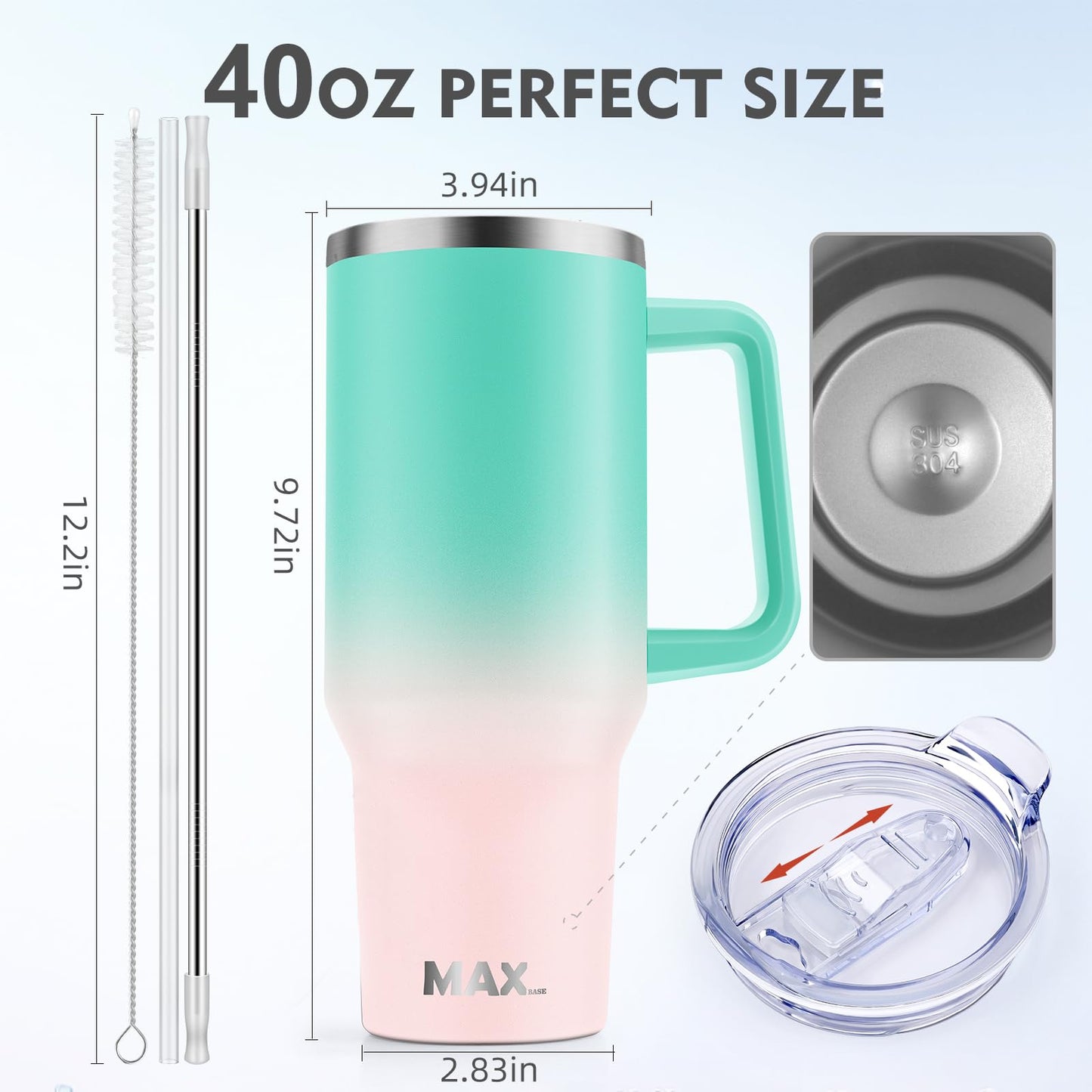 40 oz Tumbler with Handle and Straw Lid, Insulated Reusable Stainless Steel Travel Mug Keeps Drinks Cold up to 34 Hours, 100% Leakproof Bottle for Water, Iced Tea or Coffee, Smoothie and More