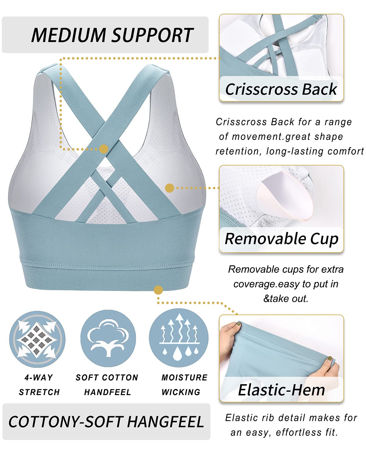 RUNNING GIRL Sports Bra for Women, Criss-Cross Back Padded Strappy Sports Bras Medium Support Yoga Bra with Removable Cups