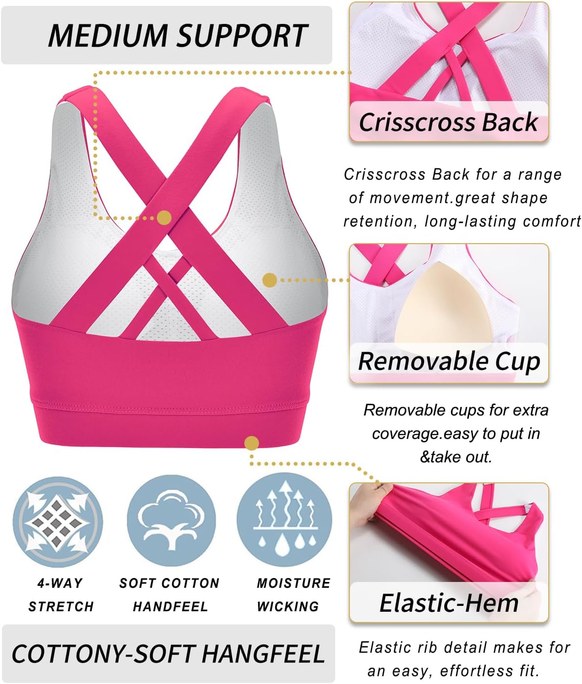 RUNNING GIRL Sports Bra for Women, Criss-Cross Back Padded Strappy Sports Bras Medium Support Yoga Bra with Removable Cups