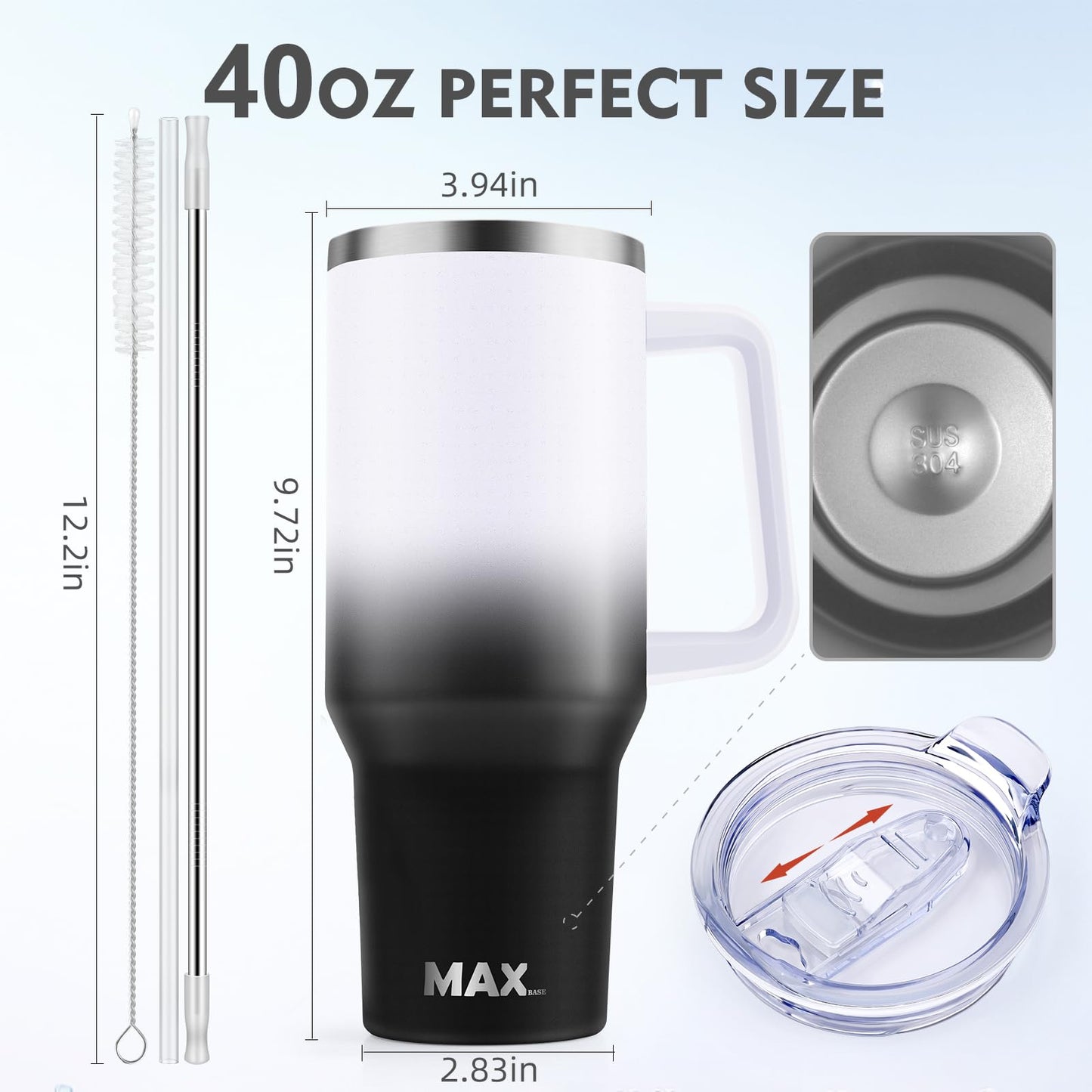 40 oz Tumbler with Handle and Straw Lid, Insulated Reusable Stainless Steel Travel Mug Keeps Drinks Cold up to 34 Hours, 100% Leakproof Bottle for Water, Iced Tea or Coffee, Smoothie and More