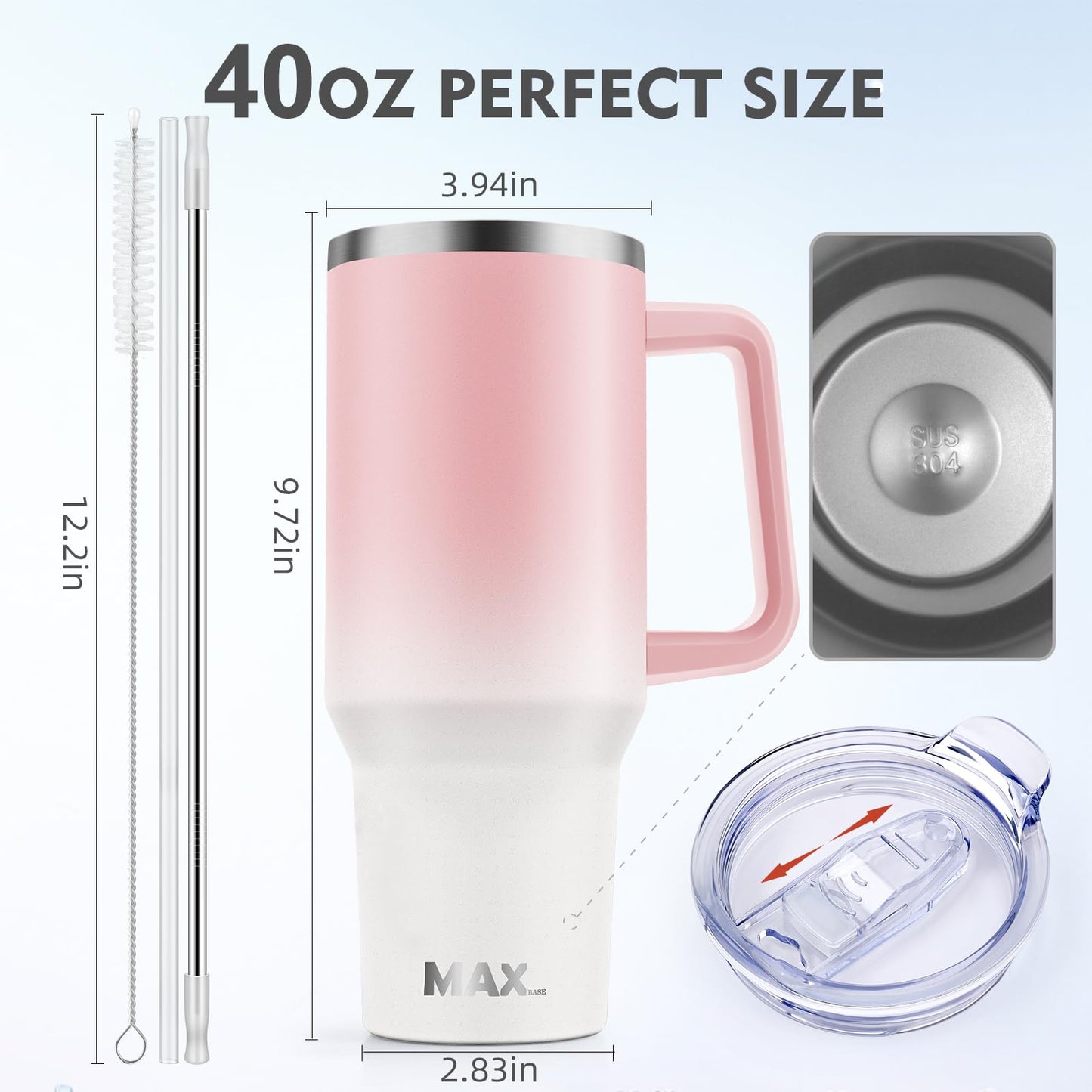 40 oz Tumbler with Handle and Straw Lid, Insulated Reusable Stainless Steel Travel Mug Keeps Drinks Cold up to 34 Hours, 100% Leakproof Bottle for Water, Iced Tea or Coffee, Smoothie and More