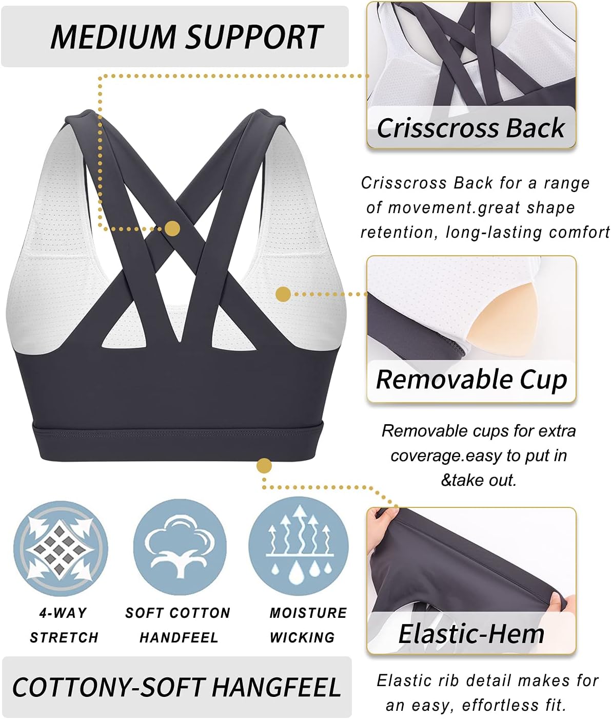 RUNNING GIRL Sports Bra for Women, Criss-Cross Back Padded Strappy Sports Bras Medium Support Yoga Bra with Removable Cups