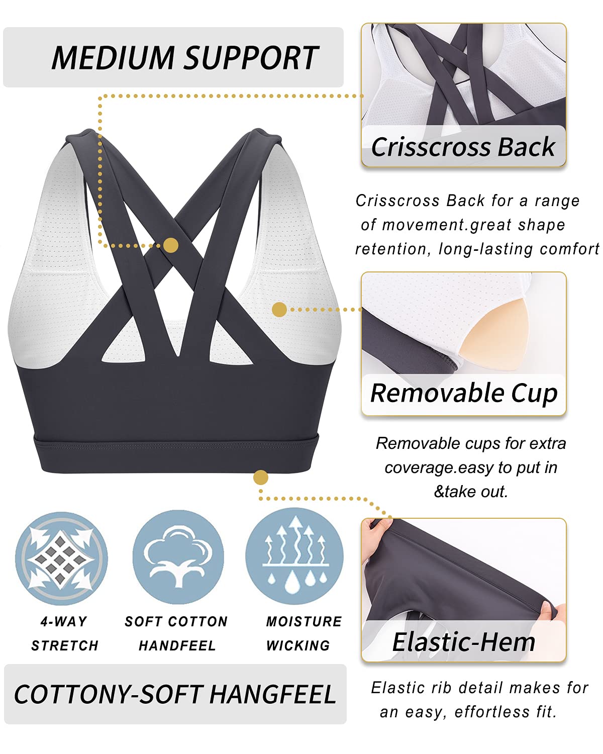 RUNNING GIRL Sports Bra for Women, Criss-Cross Back Padded Strappy Sports Bras Medium Support Yoga Bra with Removable Cups