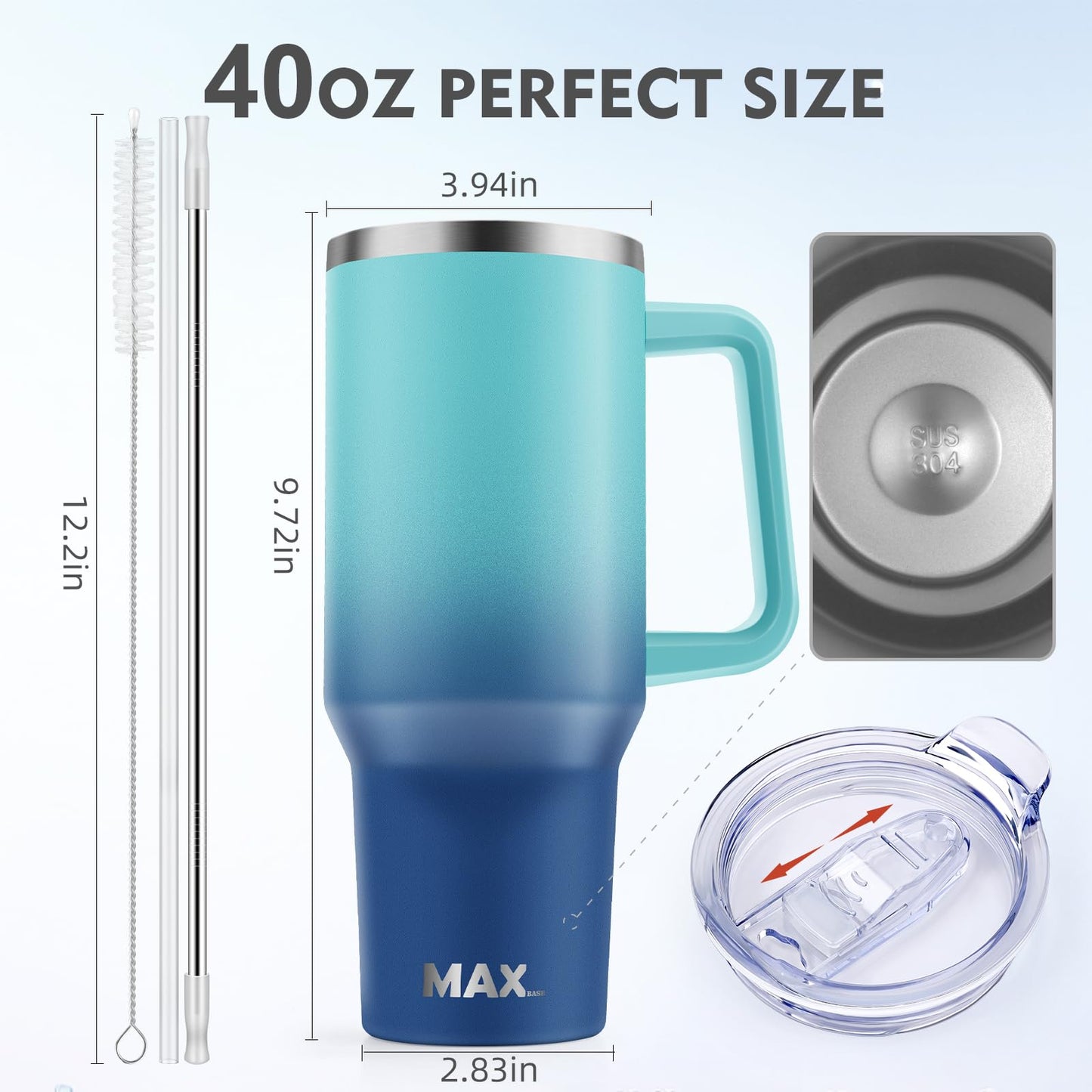 40 oz Tumbler with Handle and Straw Lid, Insulated Reusable Stainless Steel Travel Mug Keeps Drinks Cold up to 34 Hours, 100% Leakproof Bottle for Water, Iced Tea or Coffee, Smoothie and More