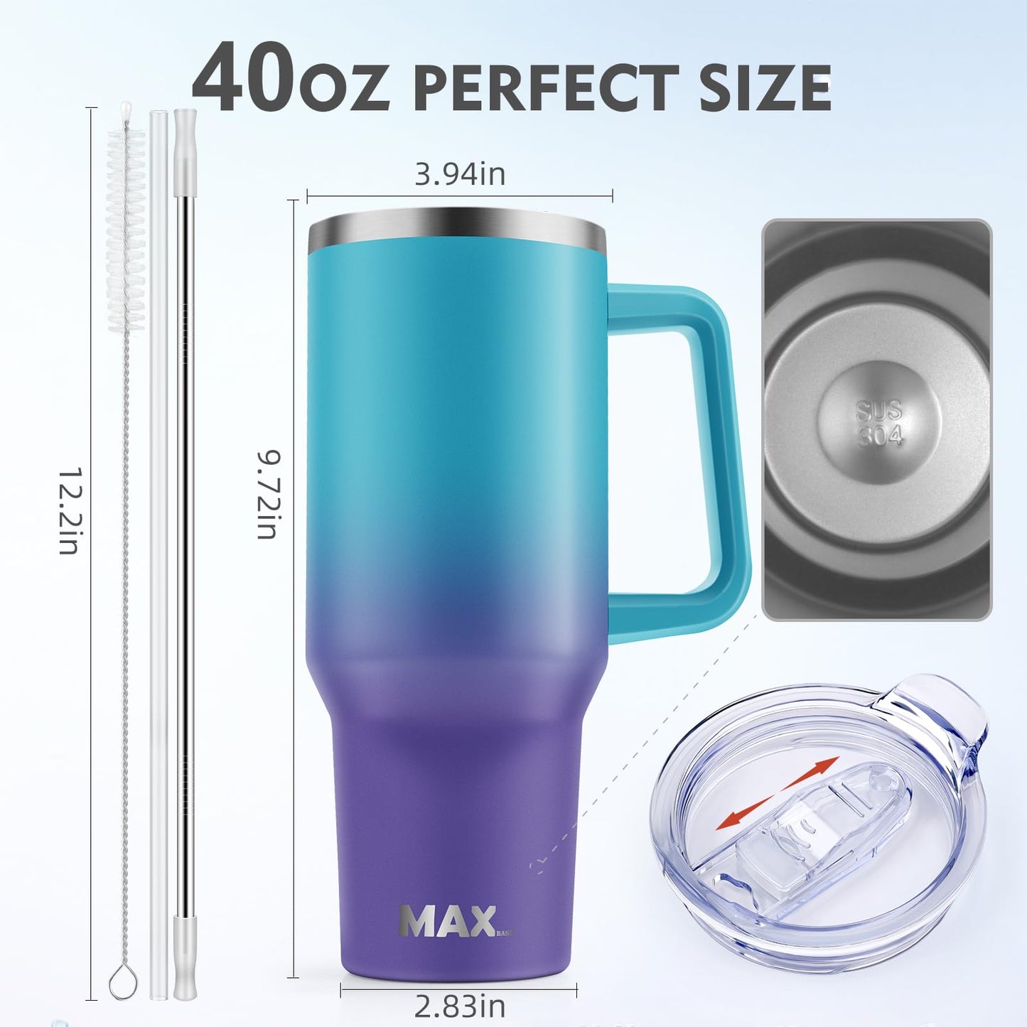 40 oz Tumbler with Handle and Straw Lid, Insulated Reusable Stainless Steel Travel Mug Keeps Drinks Cold up to 34 Hours, 100% Leakproof Bottle for Water, Iced Tea or Coffee, Smoothie and More