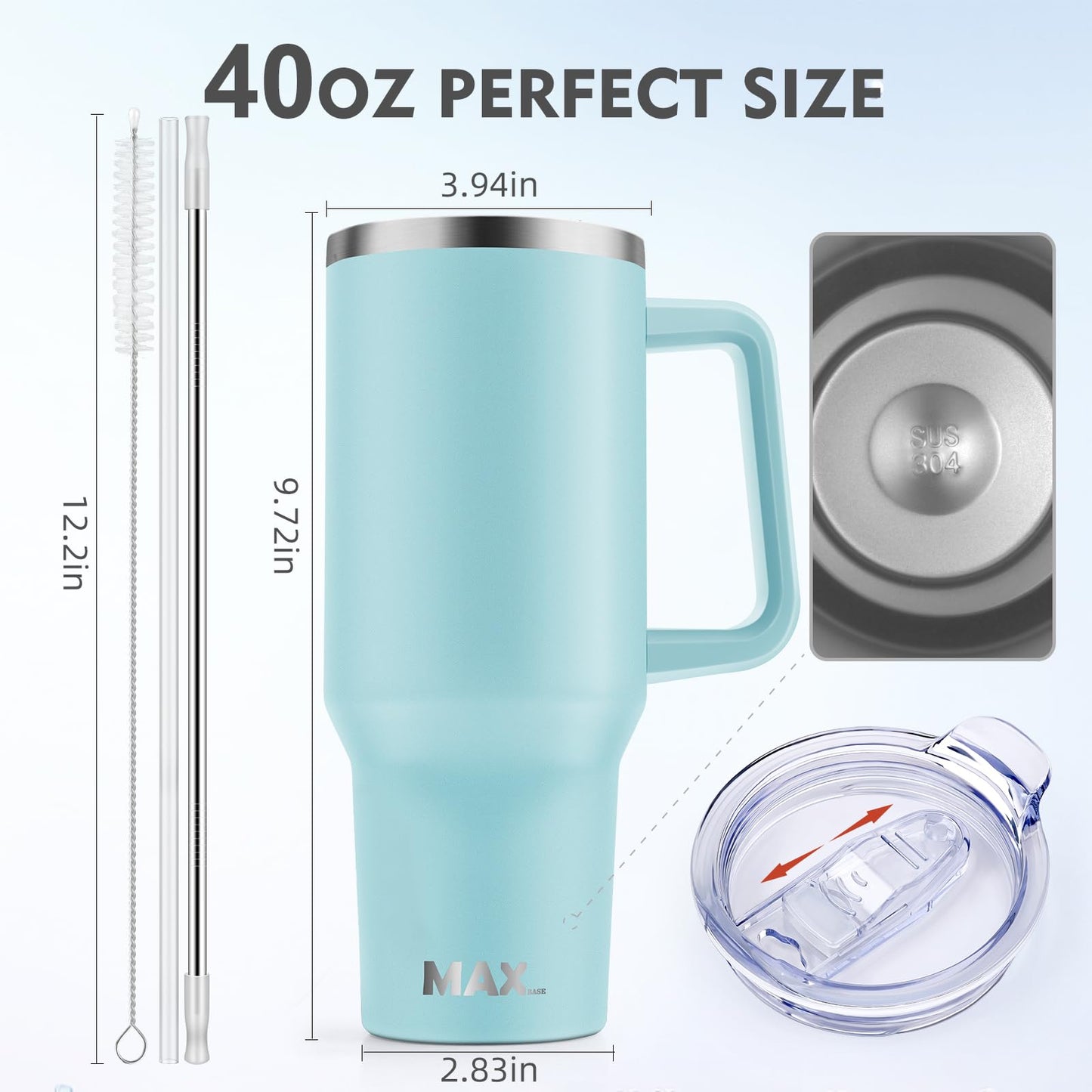 40 oz Tumbler with Handle and Straw Lid, Insulated Reusable Stainless Steel Travel Mug Keeps Drinks Cold up to 34 Hours, 100% Leakproof Bottle for Water, Iced Tea or Coffee, Smoothie and More