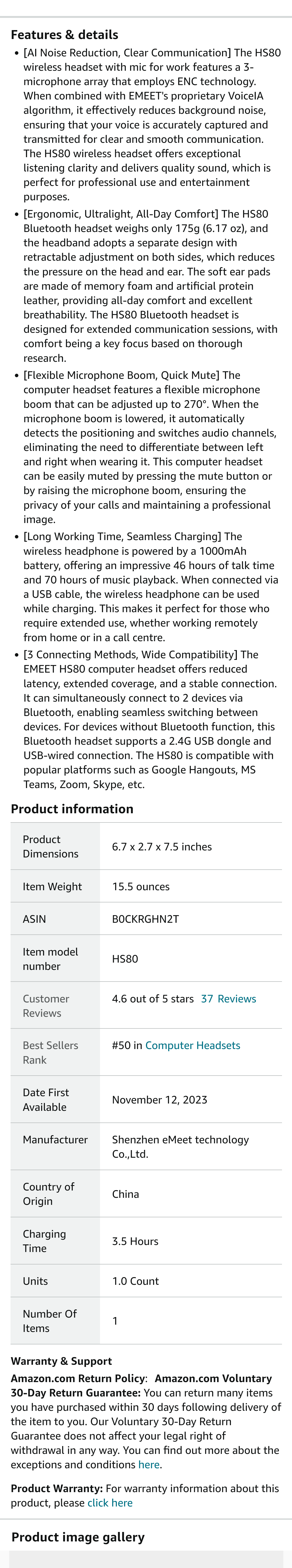 EMEET Wireless Headset with Mic for Work, HS80 Bluetooth Headsets with Noise Canceling Microphone